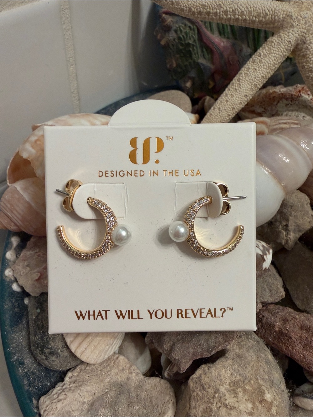bp Gold Crescent Earrings with White Pearls and Pavé Crystals